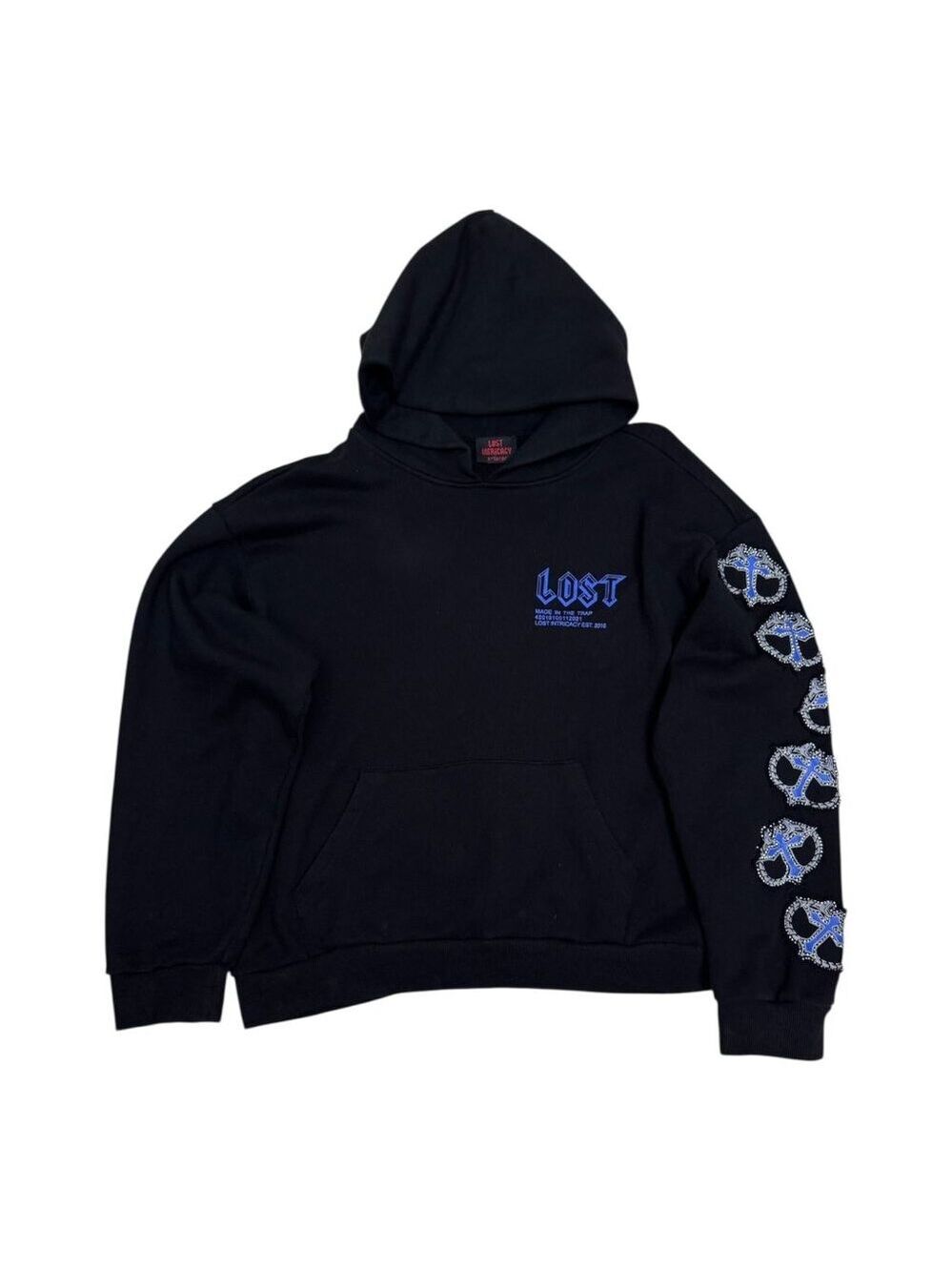 LOST INTRICACY Luxury Streetwear Rap Black Blue Hoodie Sweatshirt Mens XL